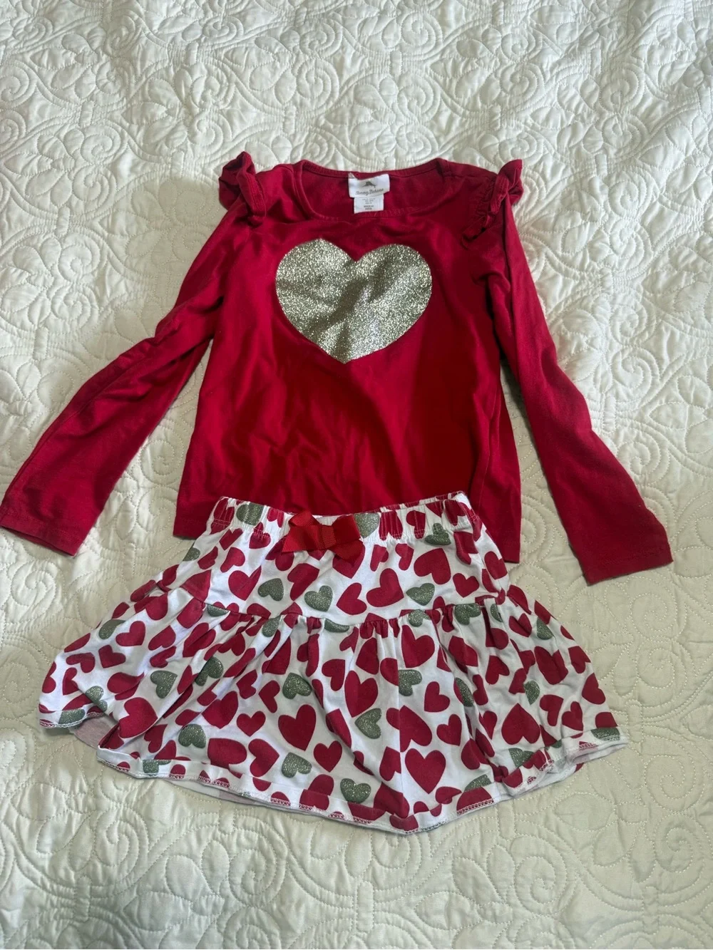 Toddler 4T girls matching skirt set red heart gold glitter Tommy Bahama